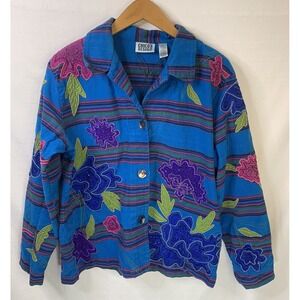 Women's Chicos Button up Lightweight Jacket  Colorful / Blue Beaded  Sz 2 /L
